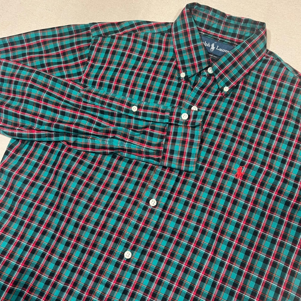 Ralph Lauren Mens Medium Blueish Green Button Up Shirt Windowpane Plaid Red Pony - Picture 1 of 11